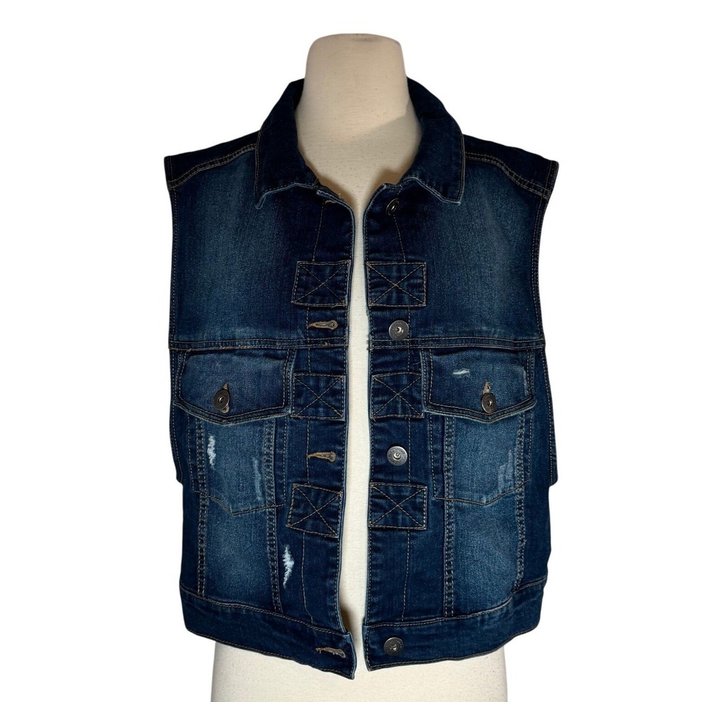 Unionbay‎ Womens Dark Wash Distressed Denim Vest Button Front Blue Size Large